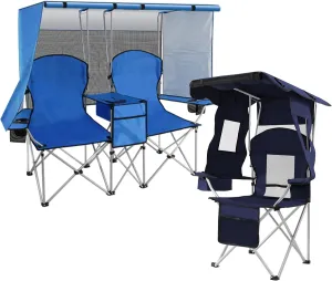 PLKO Portable Camping Chair Set,Double Camping Chair with Canopy Shade,Heavy Duty Beach Chairs for Adults,Folding Beach Chair with Cooler Bag for Sports Backyard Fishing Outside（Blue）