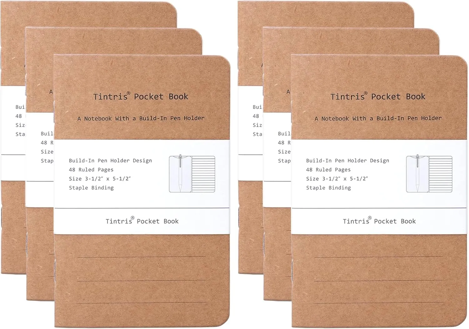 Pocket Notebook, 6 pack 3.5 x 5.5 Notebooks, Small Notebook, Kraft Pocket Size Notebooks Notepads for Men Women, 48 Ruled Pages, with Build-In Pen Holder, Including 8 Perforated Pages