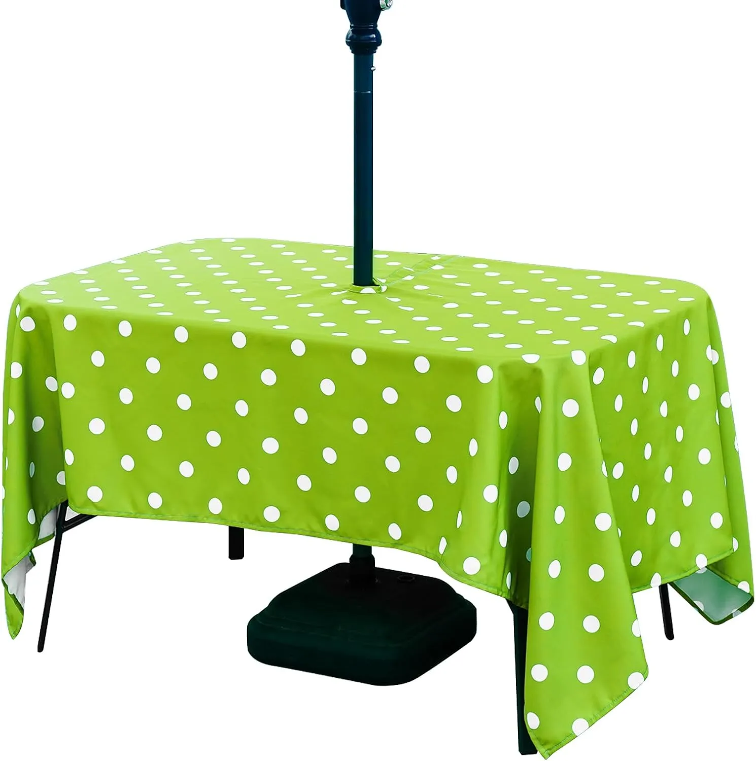 Poise3EHome Outdoor Tablecloth Rectangle with Umbrella Hole Waterproof Green and White Tablecloth for Spring Picnic Party Patio Table Camping, Green Polka Dot (60X104 Zipper)