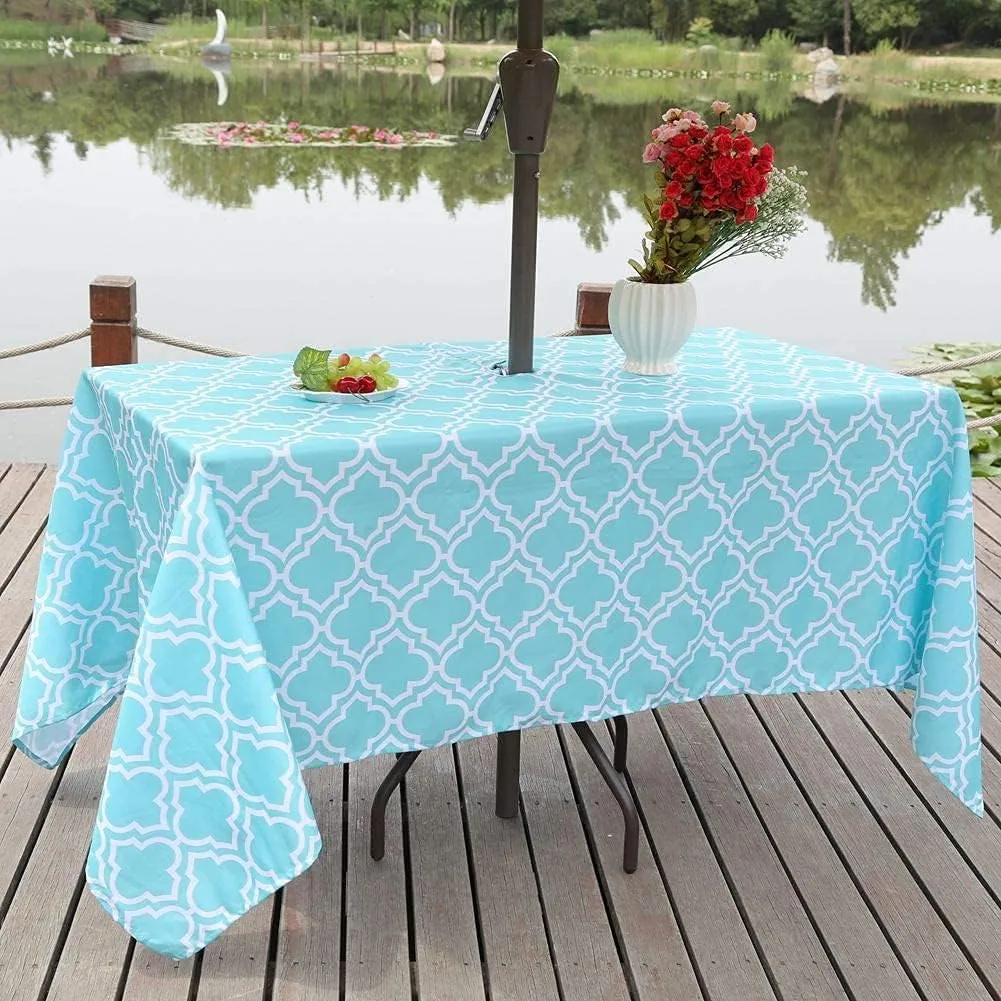 Poise3EHome Outdoor Tablecloth Rectangle with Umbrella Hole Waterproof Spillproof for Patio Table Picnic Camping Spring Summer, Aqua Blue (60X104 Zipper)