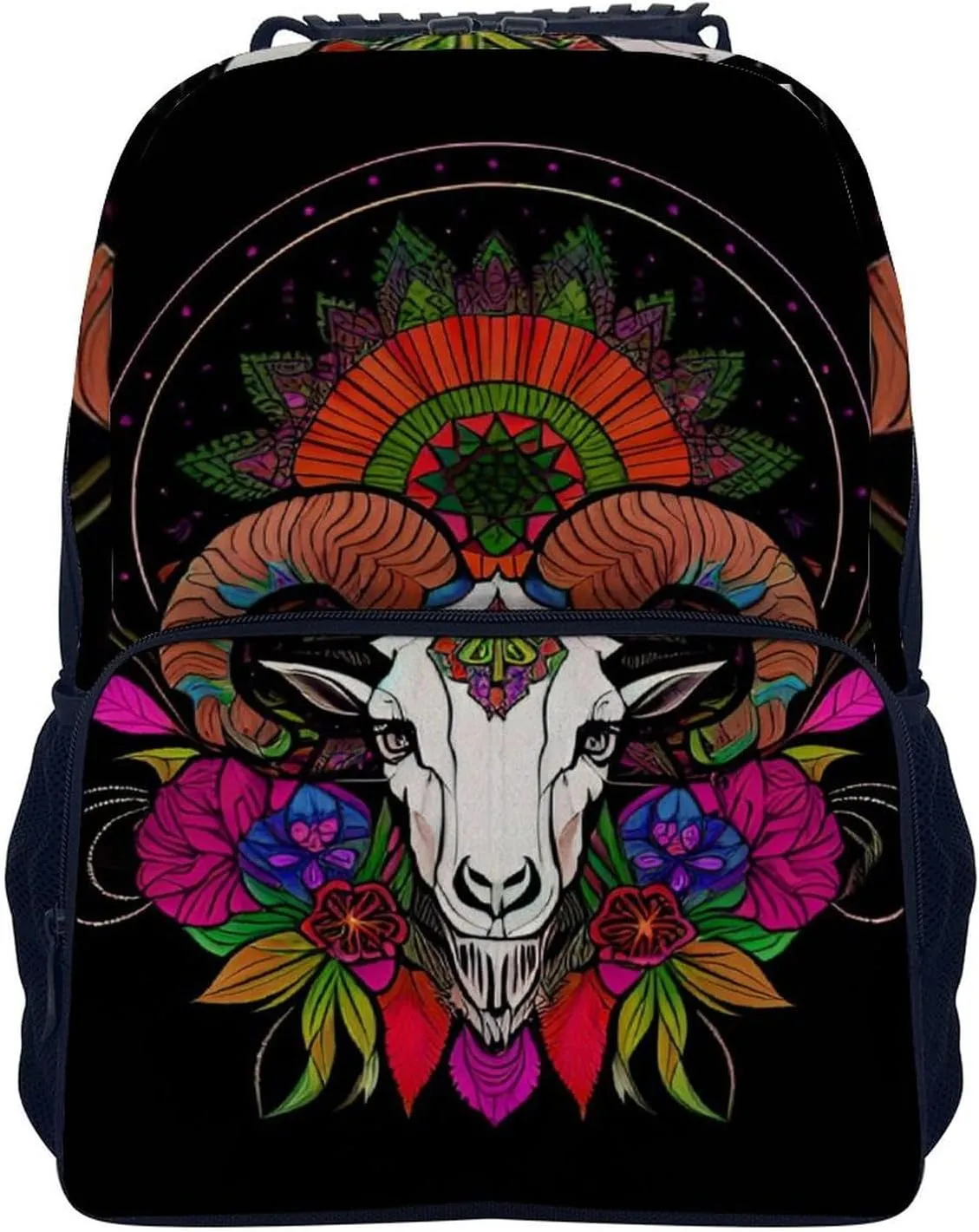 Polyester Daypack Backpack for Sports Travel Running - Big Capacity Anti-Theft Multipurpose Carry On Bag, Psychedelic Goat Skull Art Laptop Book Bag Rucksack