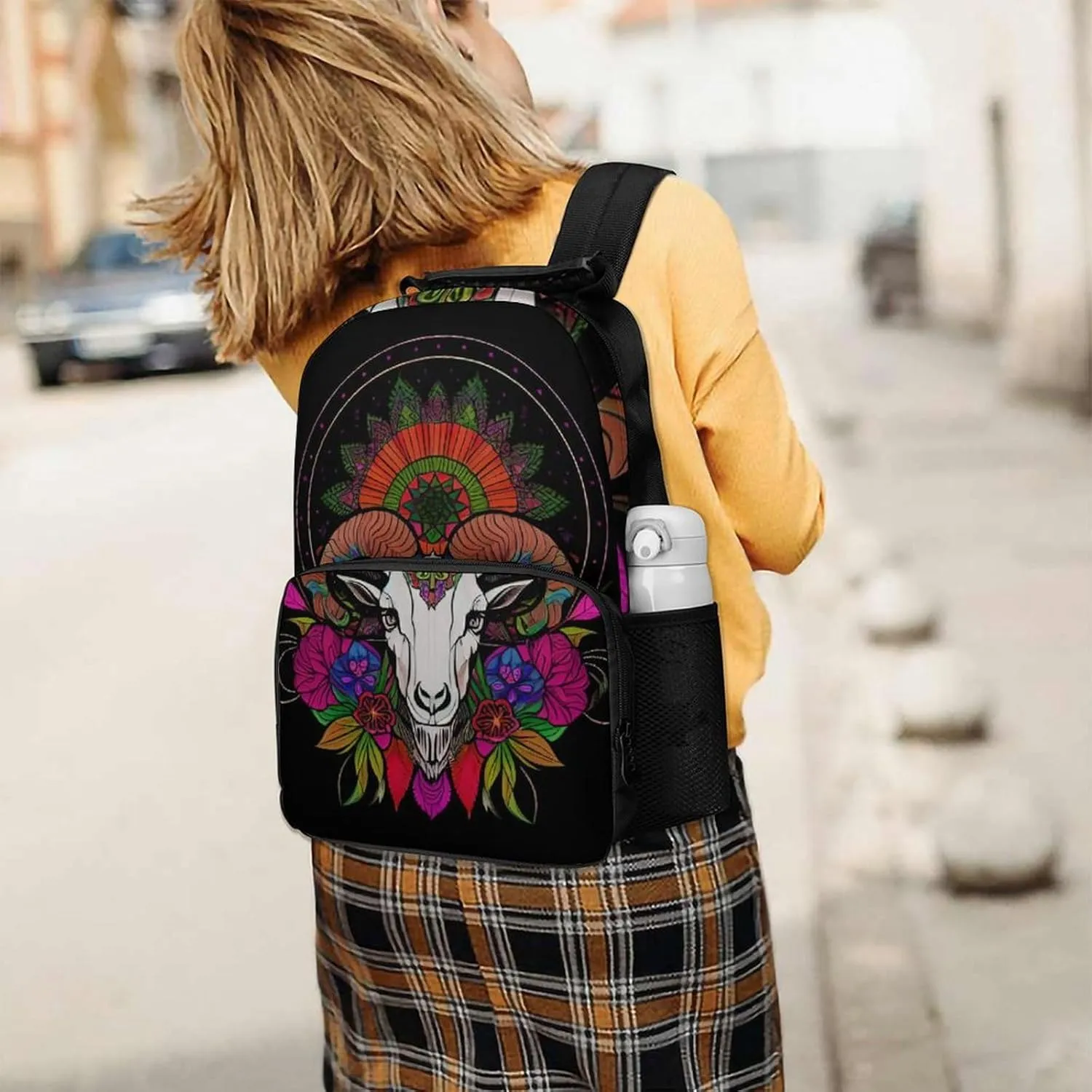 Polyester Daypack Backpack for Sports Travel Running - Big Capacity Anti-Theft Multipurpose Carry On Bag, Psychedelic Goat Skull Art Laptop Book Bag Rucksack