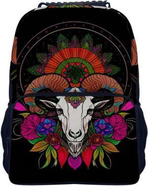 Polyester Daypack Backpack for Sports Travel Running - Big Capacity Anti-Theft Multipurpose Carry On Bag, Psychedelic Goat Skull Art Laptop Book Bag Rucksack