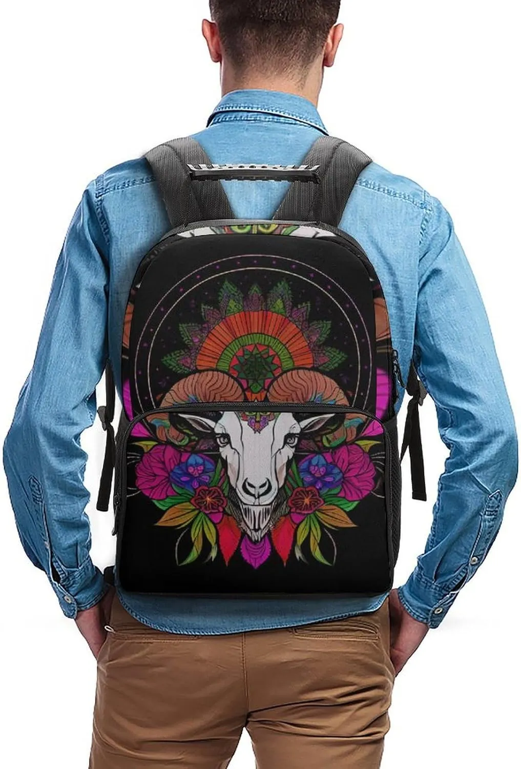 Polyester Daypack Backpack for Sports Travel Running - Big Capacity Anti-Theft Multipurpose Carry On Bag, Psychedelic Goat Skull Art Laptop Book Bag Rucksack