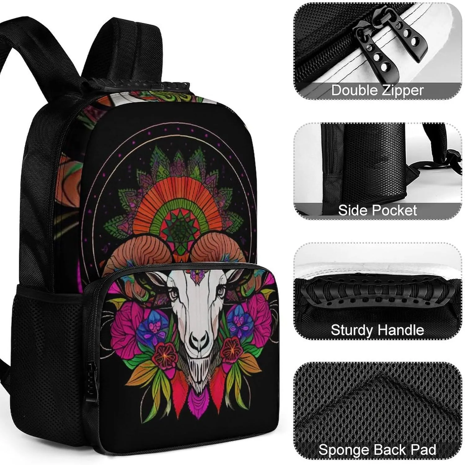 Polyester Daypack Backpack for Sports Travel Running - Big Capacity Anti-Theft Multipurpose Carry On Bag, Psychedelic Goat Skull Art Laptop Book Bag Rucksack