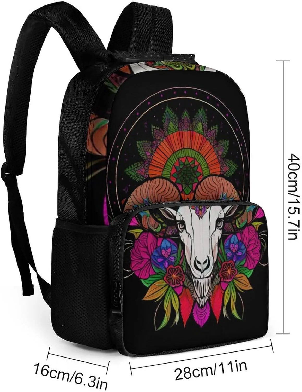 Polyester Daypack Backpack for Sports Travel Running - Big Capacity Anti-Theft Multipurpose Carry On Bag, Psychedelic Goat Skull Art Laptop Book Bag Rucksack