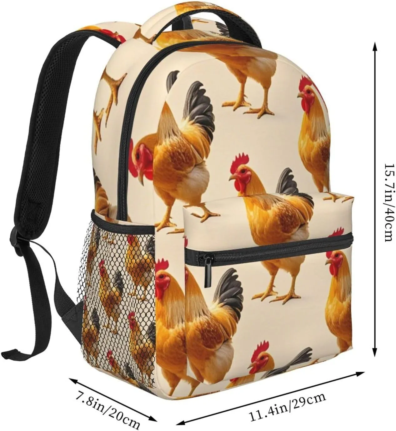 Polyester Daypack Backpack for Sports Travel Running - Big Capacity Anti-Theft Multipurpose Carry On Bag, Rooster Chicken Breeds Art Laptop Book Bag Rucksack