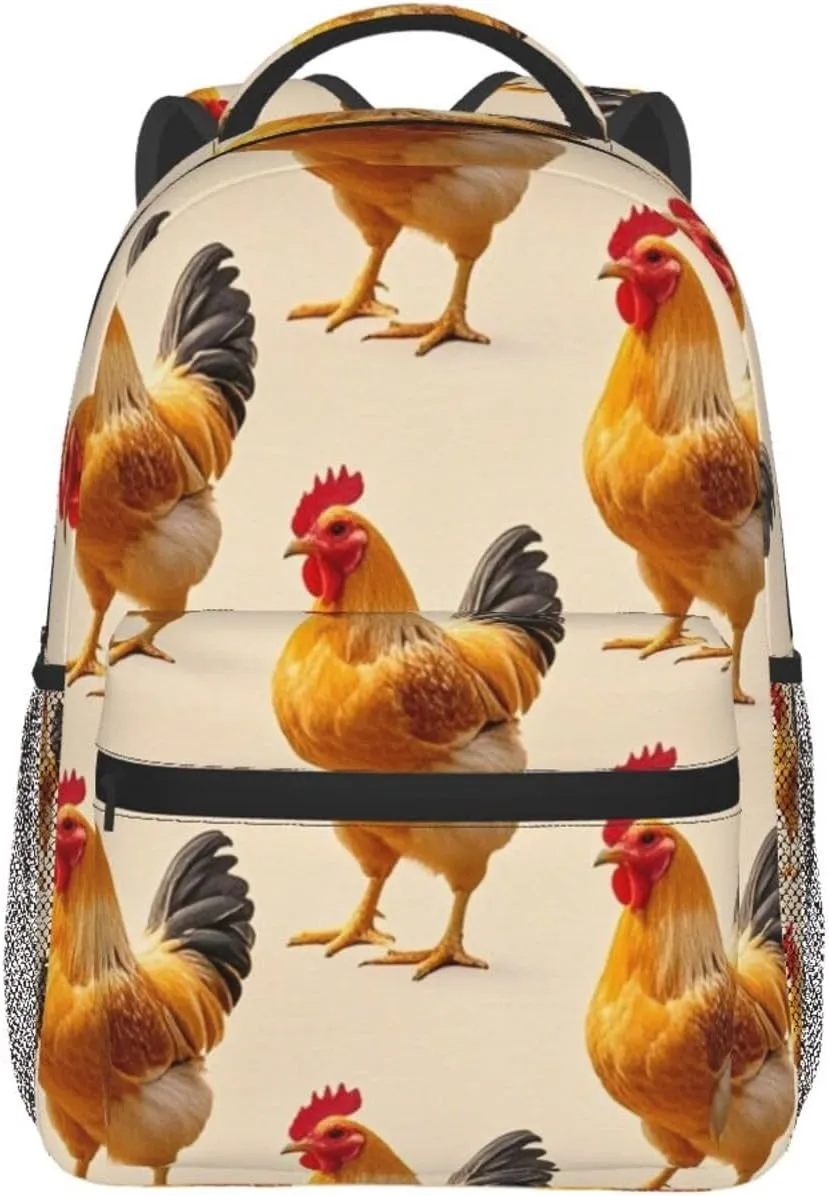 Polyester Daypack Backpack for Sports Travel Running - Big Capacity Anti-Theft Multipurpose Carry On Bag, Rooster Chicken Breeds Art Laptop Book Bag Rucksack