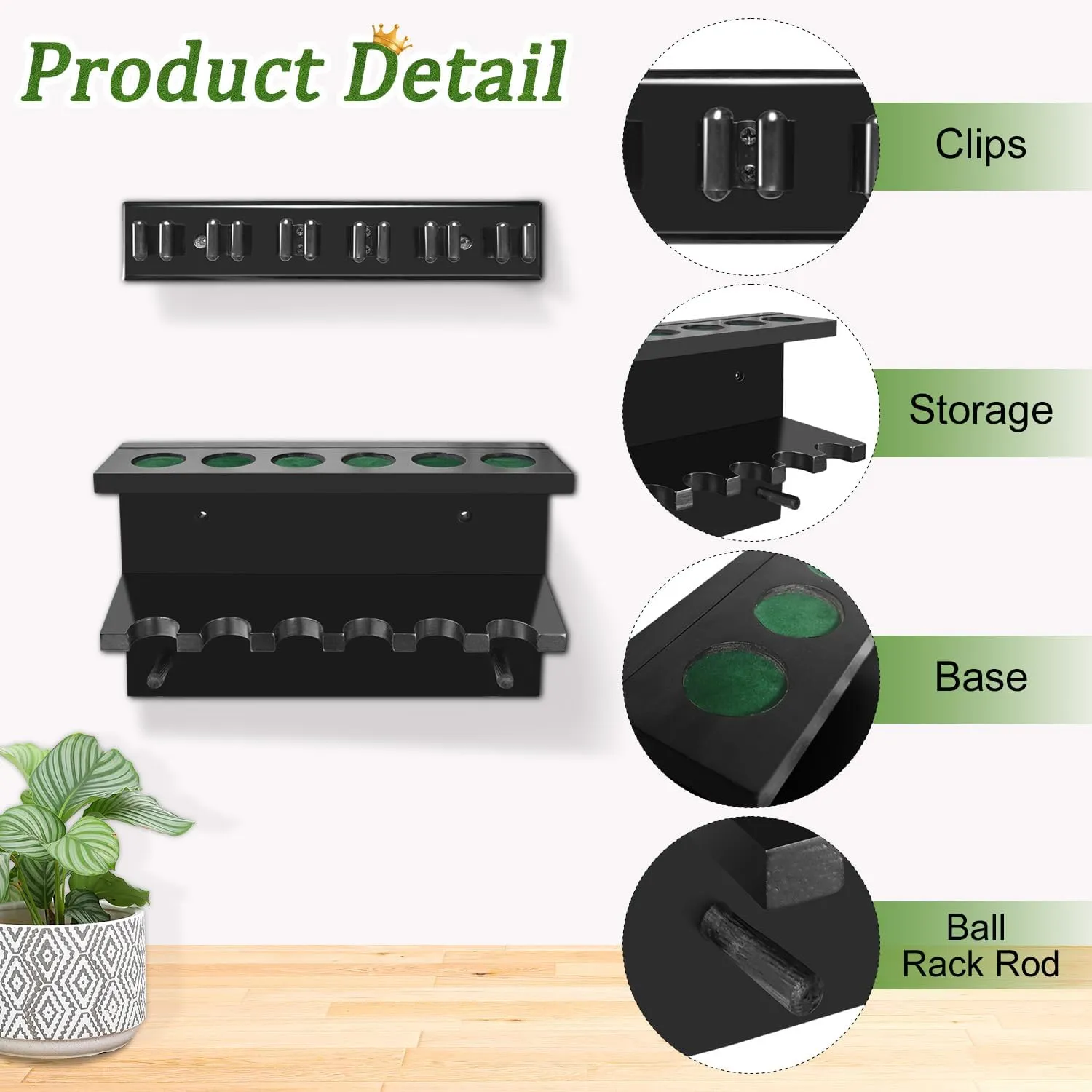 Pool Cue Rack Stick Holder, Billiards Pool Cue Rack Wall Mount Hardwood Pool Cue Set Holder for 6 Cues Sticks Storage Pool Table Accessories Equipment Organizer for Game Room Club (Black)