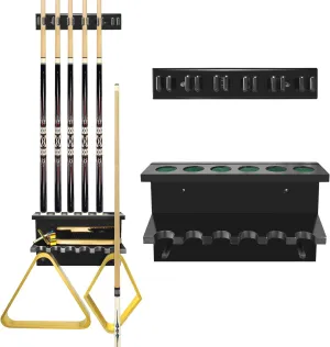 Pool Cue Rack Stick Holder, Billiards Pool Cue Rack Wall Mount Hardwood Pool Cue Set Holder for 6 Cues Sticks Storage Pool Table Accessories Equipment Organizer for Game Room Club (Black)