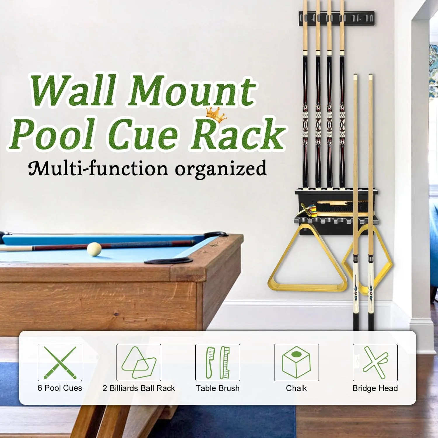 Pool Cue Rack Stick Holder, Billiards Pool Cue Rack Wall Mount Hardwood Pool Cue Set Holder for 6 Cues Sticks Storage Pool Table Accessories Equipment Organizer for Game Room Club (Black)