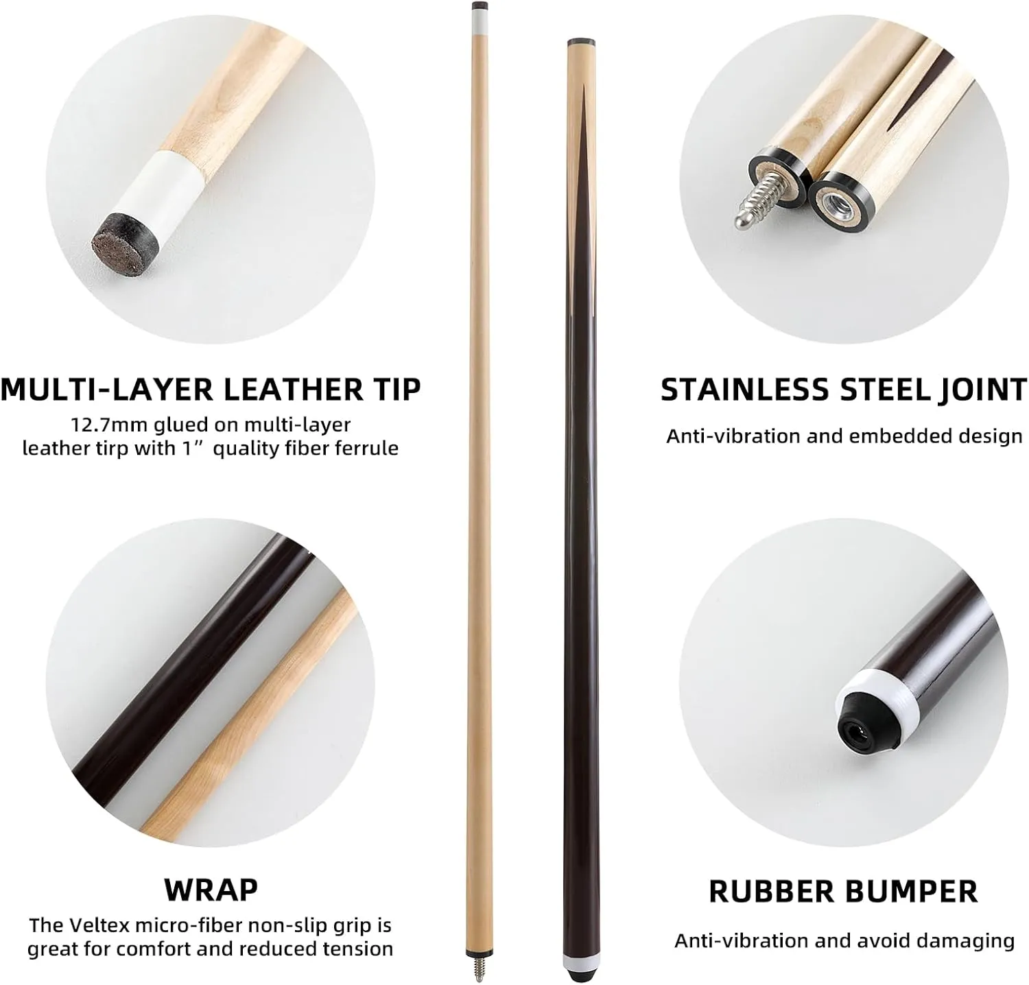Pool Cue Stick/Billairds cue Stick with 13mm Fiber Leather tip, Different Size, 58“ or 48" or 42" Set of 2, Set of 4, Weight 18OZ,