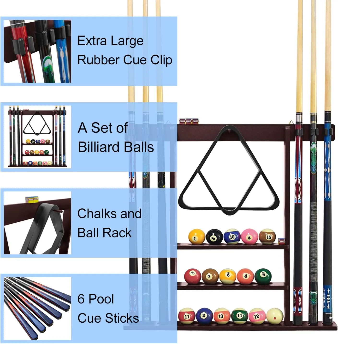 Pool Stick Holder Cue Stick Holder Wall Mount Billiard Cue Racks Holds Billiards Accessories for Billiard Room,Bar Room,Game Room（Mahogany）