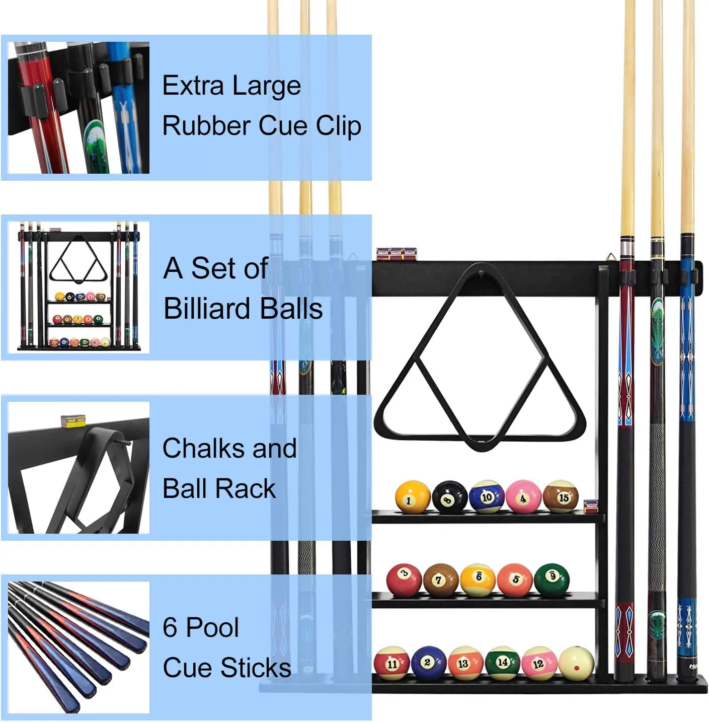 Pool Stick Holder Solid Wood Cue Stick Holder Billiard Cue Racks Holds Billiards Accessories for Game Room, Bar, (Black)