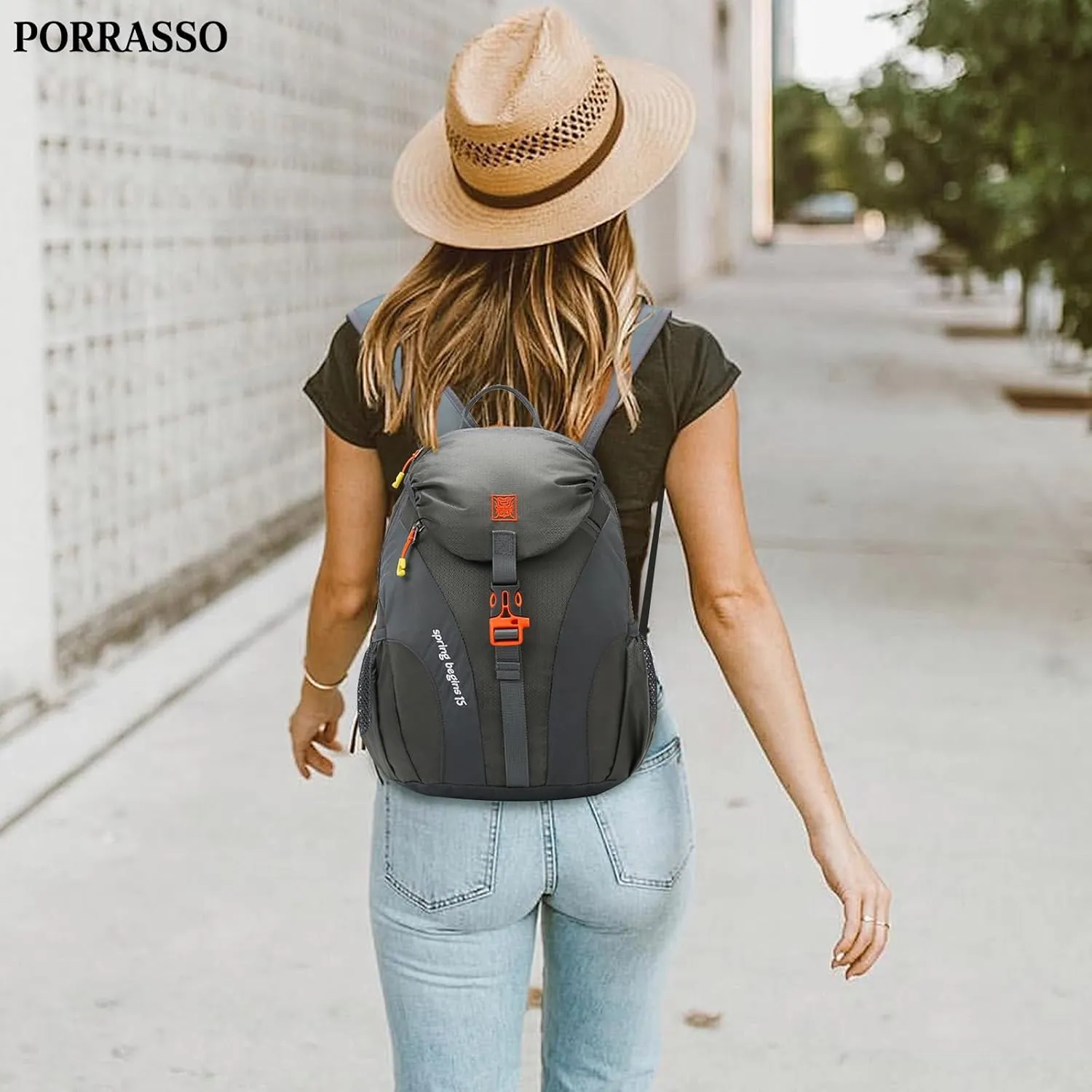 PORRASSO Hiking Backpack Daypack 15L Rucksack Lightweight Waterproof Backpack for Women Men Trekking Cycling Climbing Outdoor Sports Grey