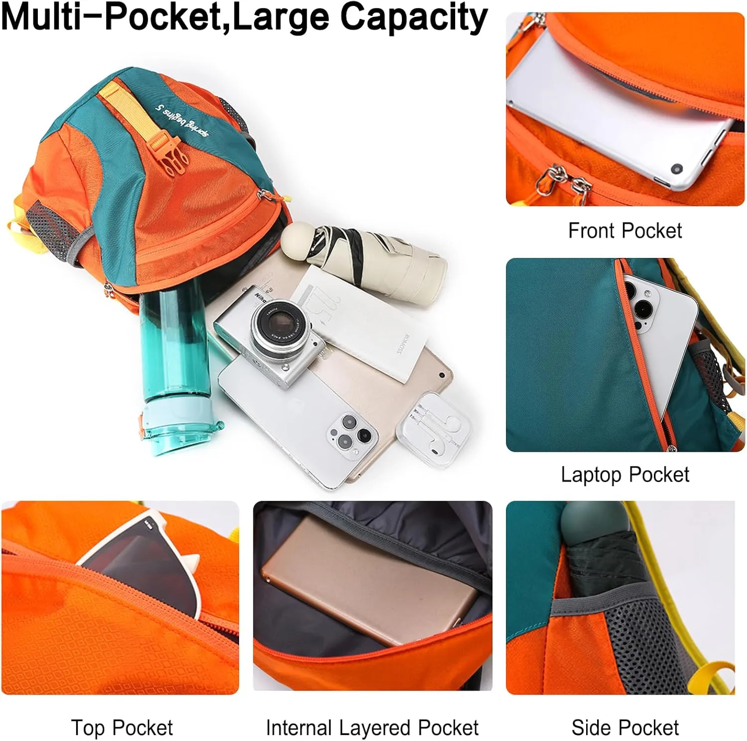 PORRASSO Hiking Backpack Daypack 15L Rucksack Lightweight Waterproof Backpack for Women Men Trekking Cycling Climbing Outdoor Sports Grey
