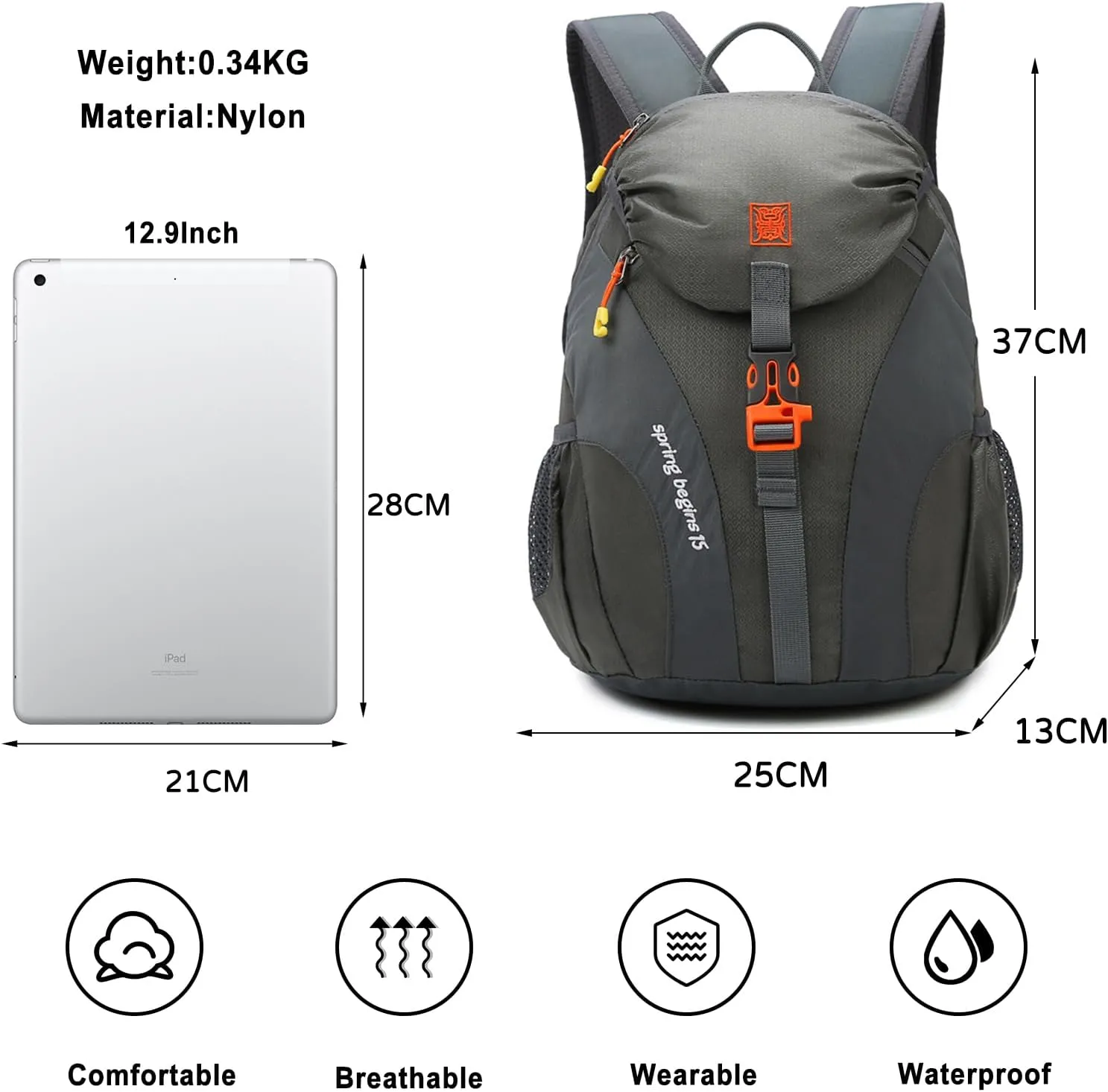 PORRASSO Hiking Backpack Daypack 15L Rucksack Lightweight Waterproof Backpack for Women Men Trekking Cycling Climbing Outdoor Sports Grey