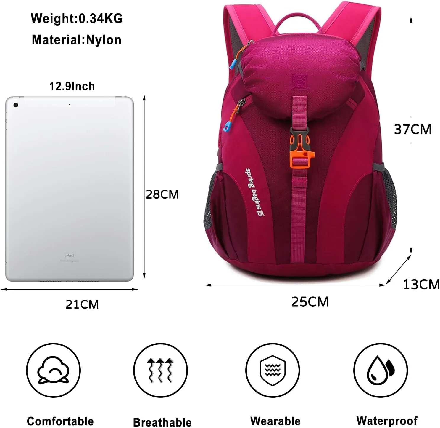 PORRASSO Hiking Backpack Daypack 15L Rucksack Lightweight Waterproof Backpack for Women Men Trekking Cycling Climbing Outdoor Sports Rose Red