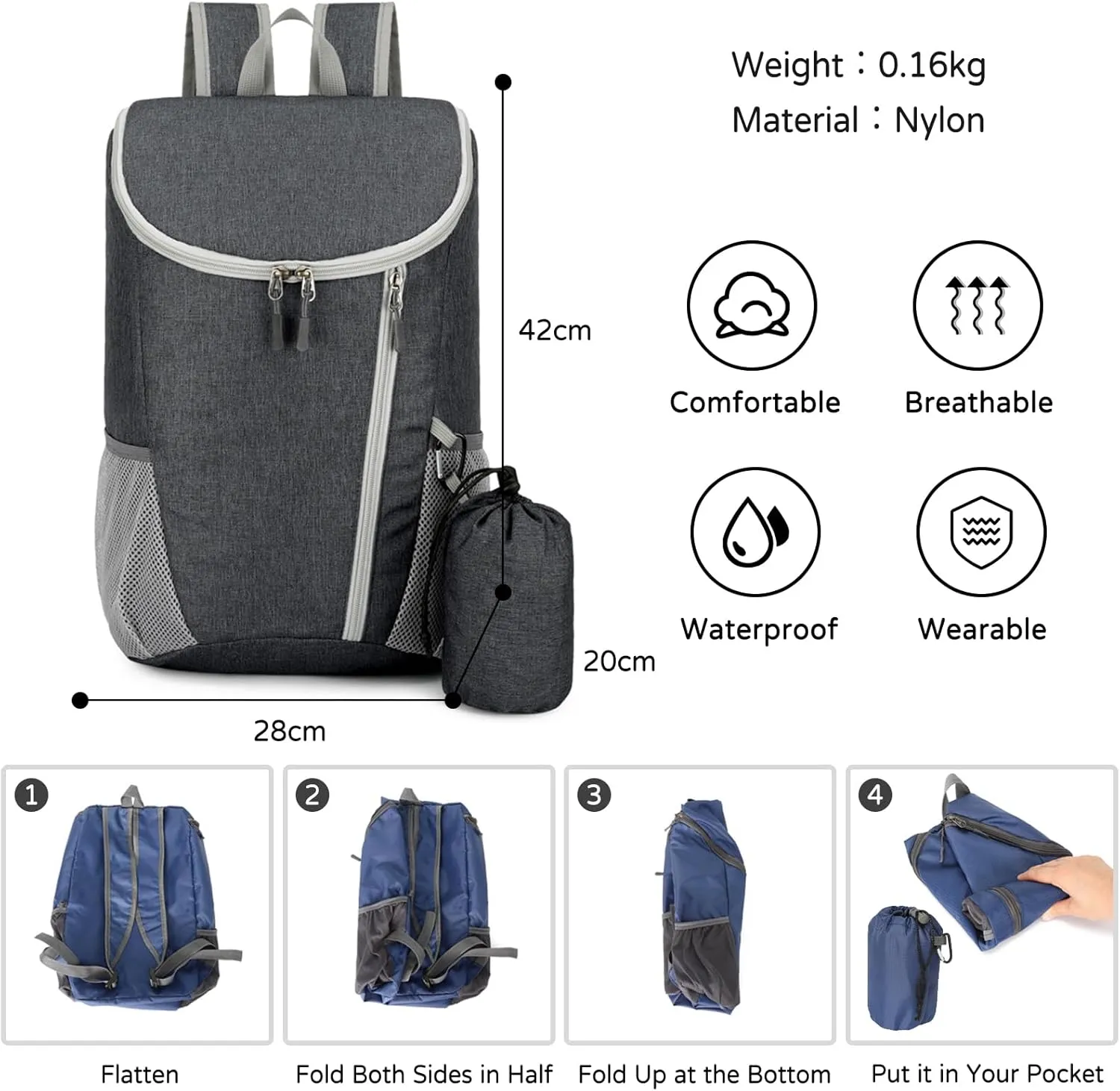 PORRASSO Hiking Backpack Foldable Waterproof Daypack Lightweight Rucksack Backpack for Women Men Camping Trekking Cycling Climbing Outdoor Sports Dark Gray