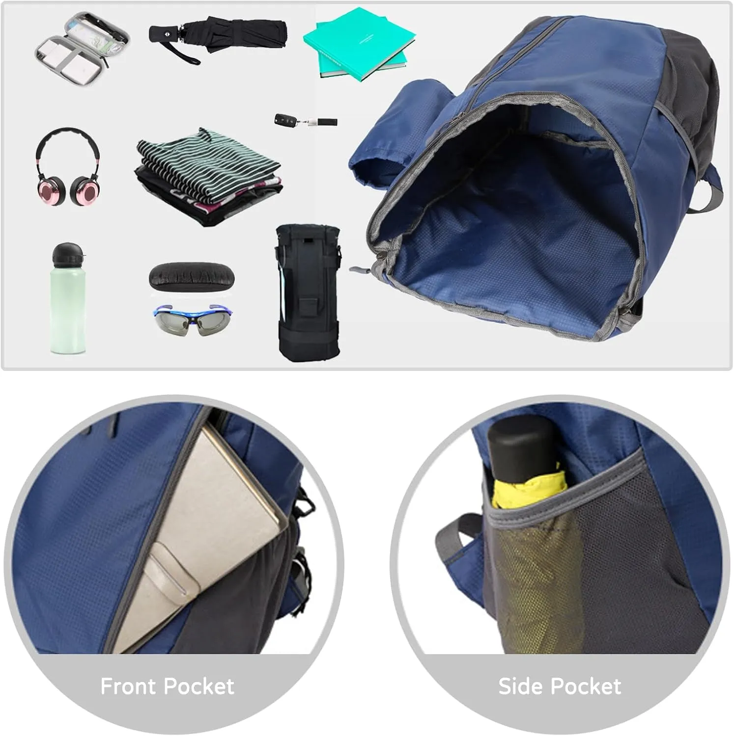 PORRASSO Hiking Backpack Foldable Waterproof Daypack Lightweight Rucksack Backpack for Women Men Camping Trekking Cycling Climbing Outdoor Sports Dark Gray