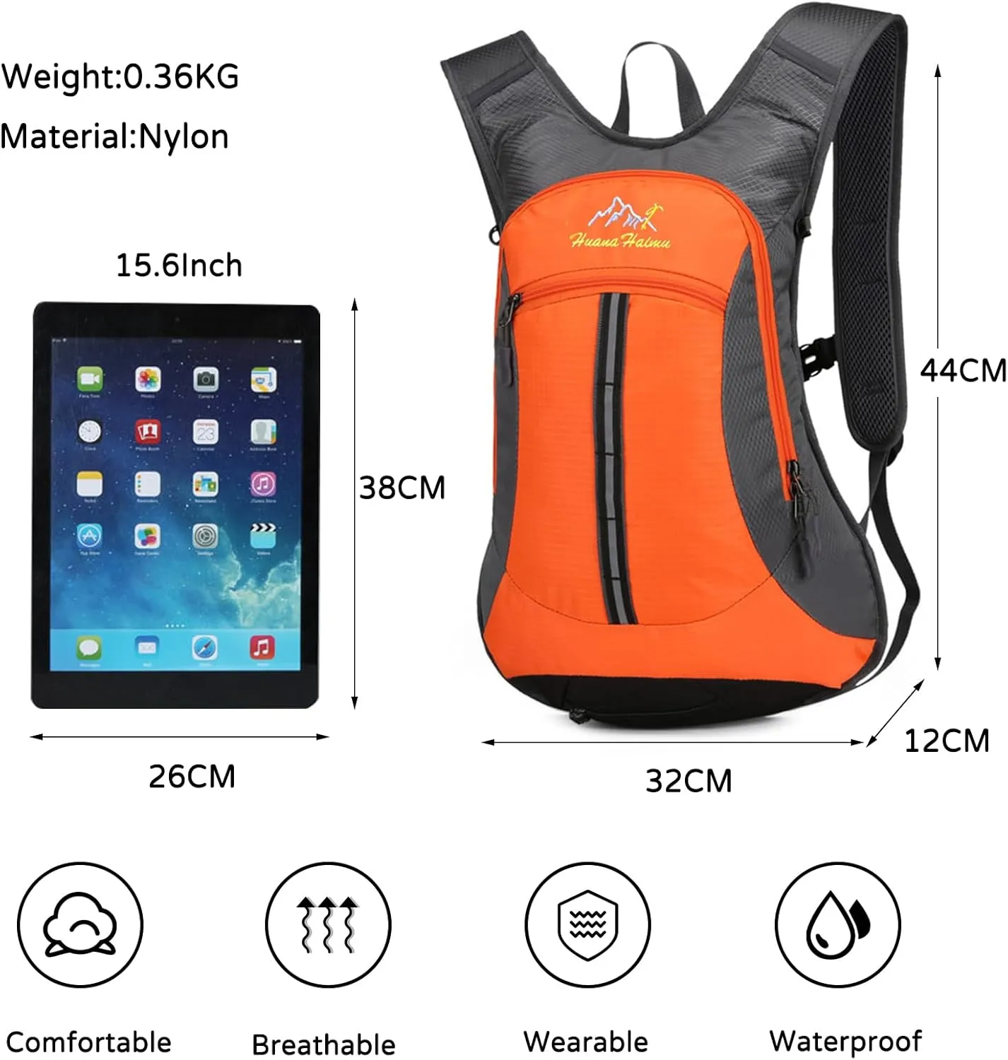 PORRASSO Hiking Backpack Waterproof Daypack 18L Rucksack Lightweight Backpack for Women Men Camping Trekking Cycling Climbing Outdoor Sports Orange