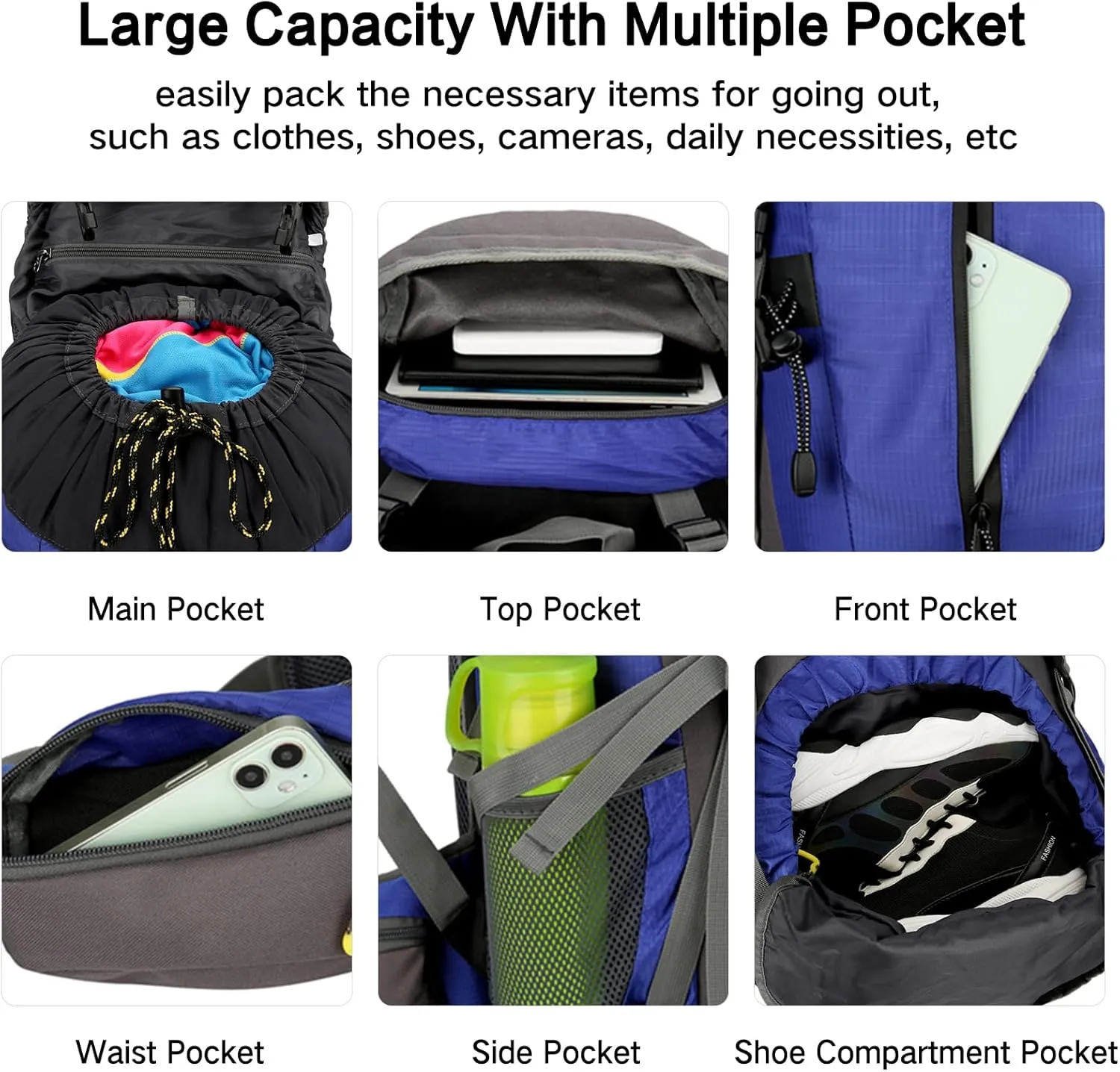 PORRASSO Hiking Backpack Waterproof Daypack 50L Rucksack with Rain Cover Backpack for Travel Trekking Camping Climbing Outdoor Sports Black Grey