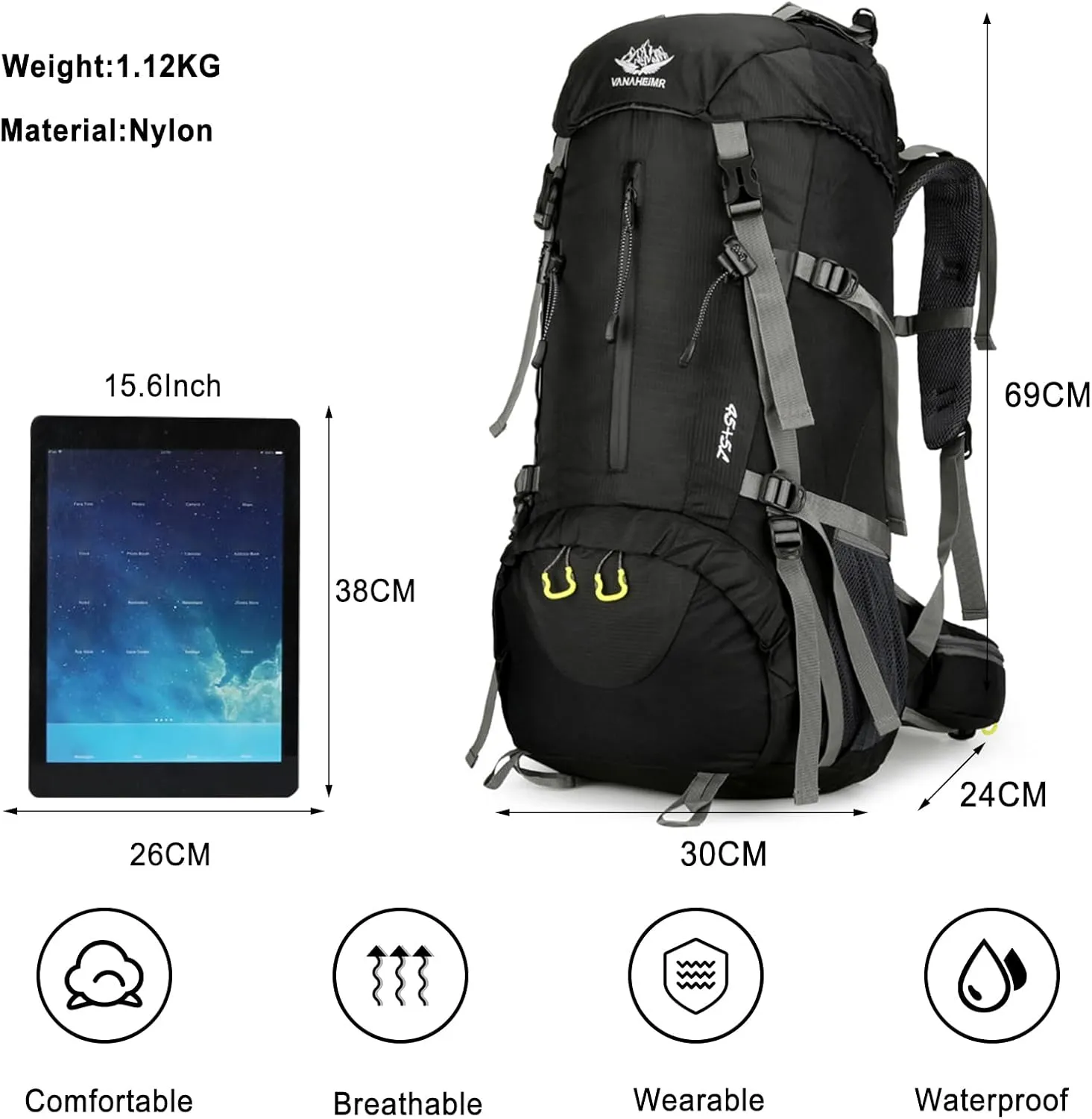 PORRASSO Hiking Backpack Waterproof Daypack 50L Rucksack with Rain Cover Backpack for Travel Trekking Camping Climbing Outdoor Sports Black Grey