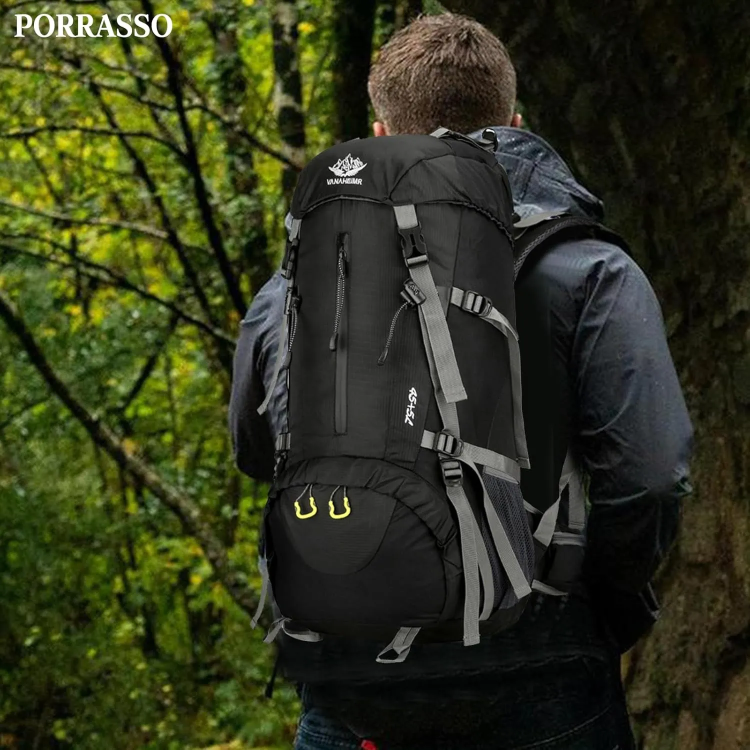 PORRASSO Hiking Backpack Waterproof Daypack 50L Rucksack with Rain Cover Backpack for Travel Trekking Camping Climbing Outdoor Sports Black Grey