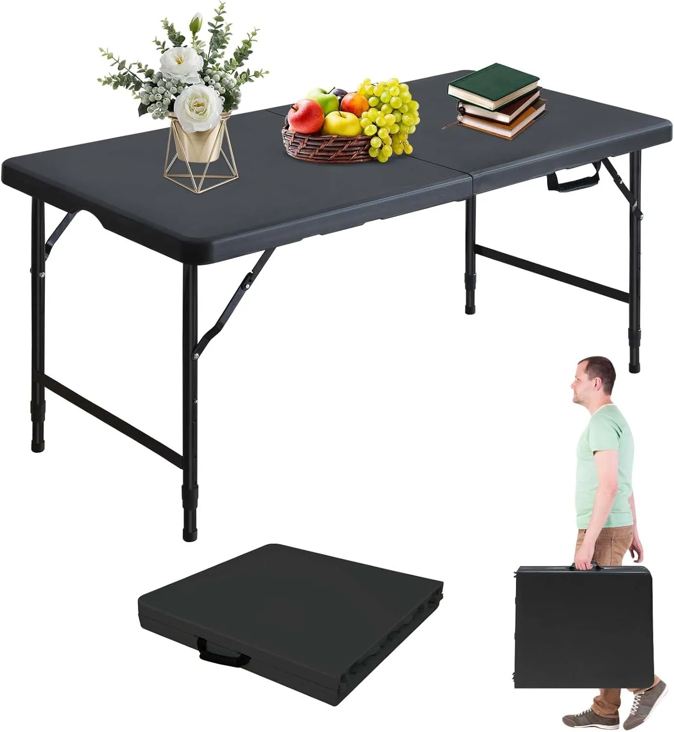 Portable 4Ft Folding Table, Heavy Duty Plastic Fold-in-Half Utility Foldable Table Small, Adjustable Height Plastic Folding Table with Carrying Handle for Camping & Party Indoor/Outdoor(Black)