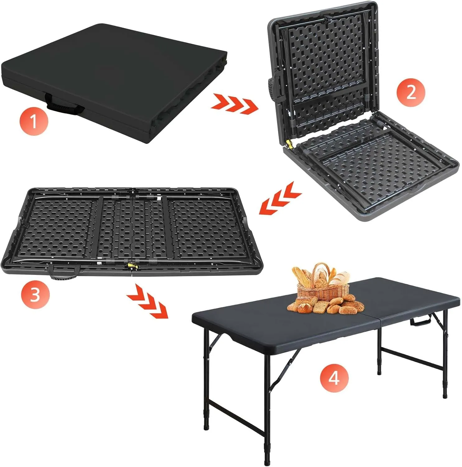 Portable 4Ft Folding Table, Heavy Duty Plastic Fold-in-Half Utility Foldable Table Small, Adjustable Height Plastic Folding Table with Carrying Handle for Camping & Party Indoor/Outdoor(Black)
