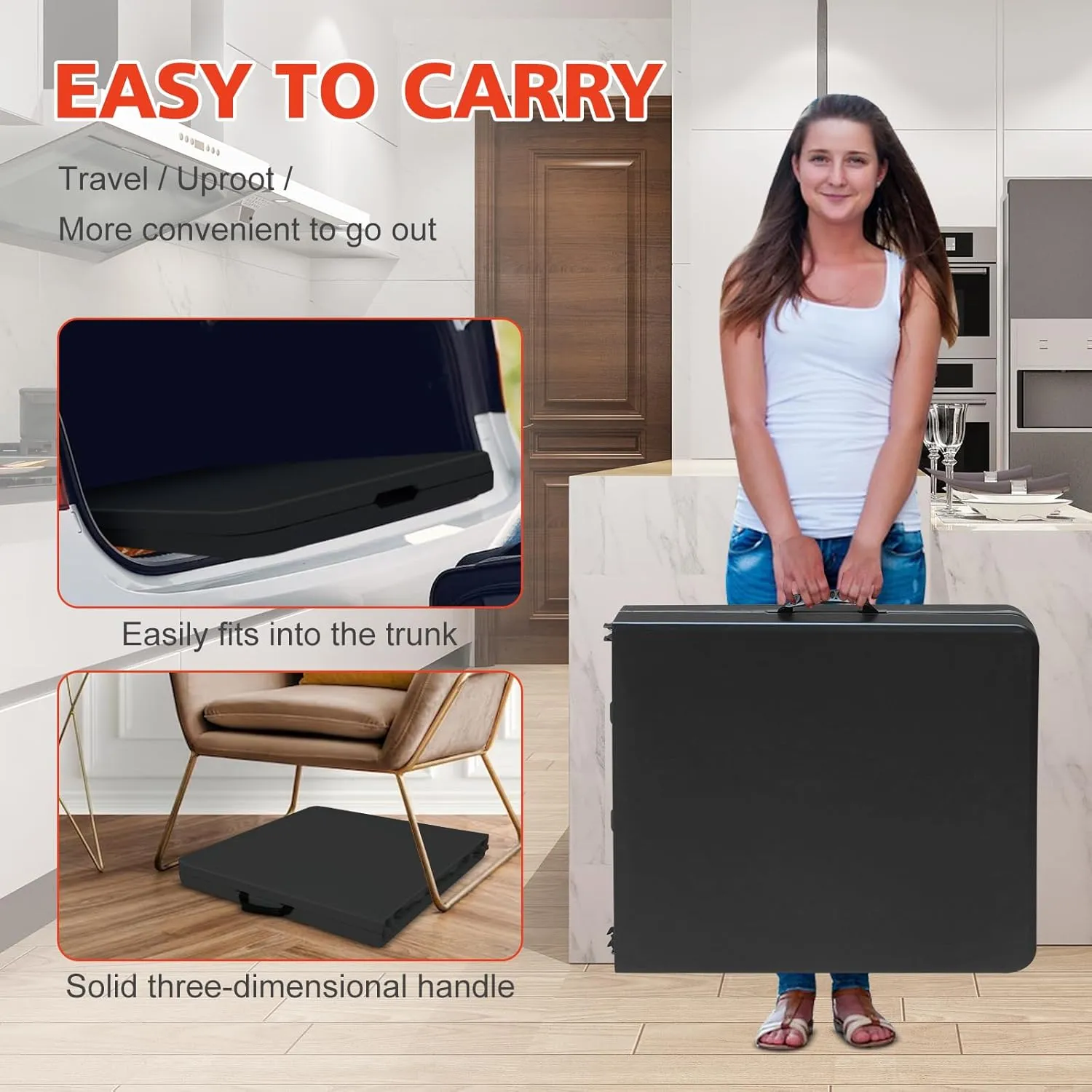 Portable 4Ft Folding Table, Heavy Duty Plastic Fold-in-Half Utility Foldable Table Small, Adjustable Height Plastic Folding Table with Carrying Handle for Camping & Party Indoor/Outdoor(Black)