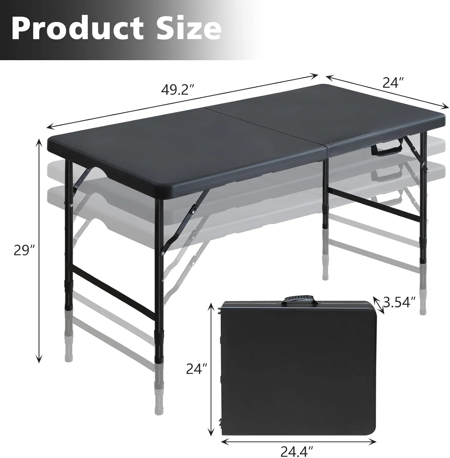 Portable 4Ft Folding Table, Heavy Duty Plastic Fold-in-Half Utility Foldable Table Small, Adjustable Height Plastic Folding Table with Carrying Handle for Camping & Party Indoor/Outdoor(Black)