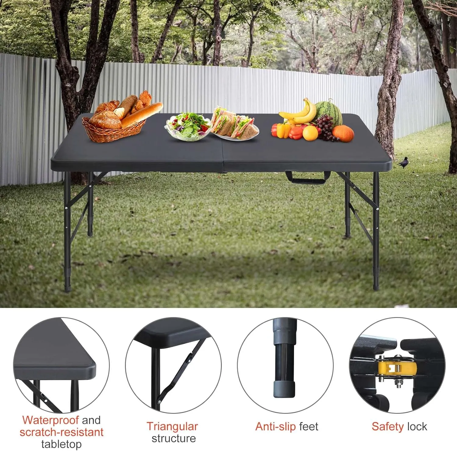 Portable 4Ft Folding Table, Heavy Duty Plastic Fold-in-Half Utility Foldable Table Small, Adjustable Height Plastic Folding Table with Carrying Handle for Camping & Party Indoor/Outdoor(Black)