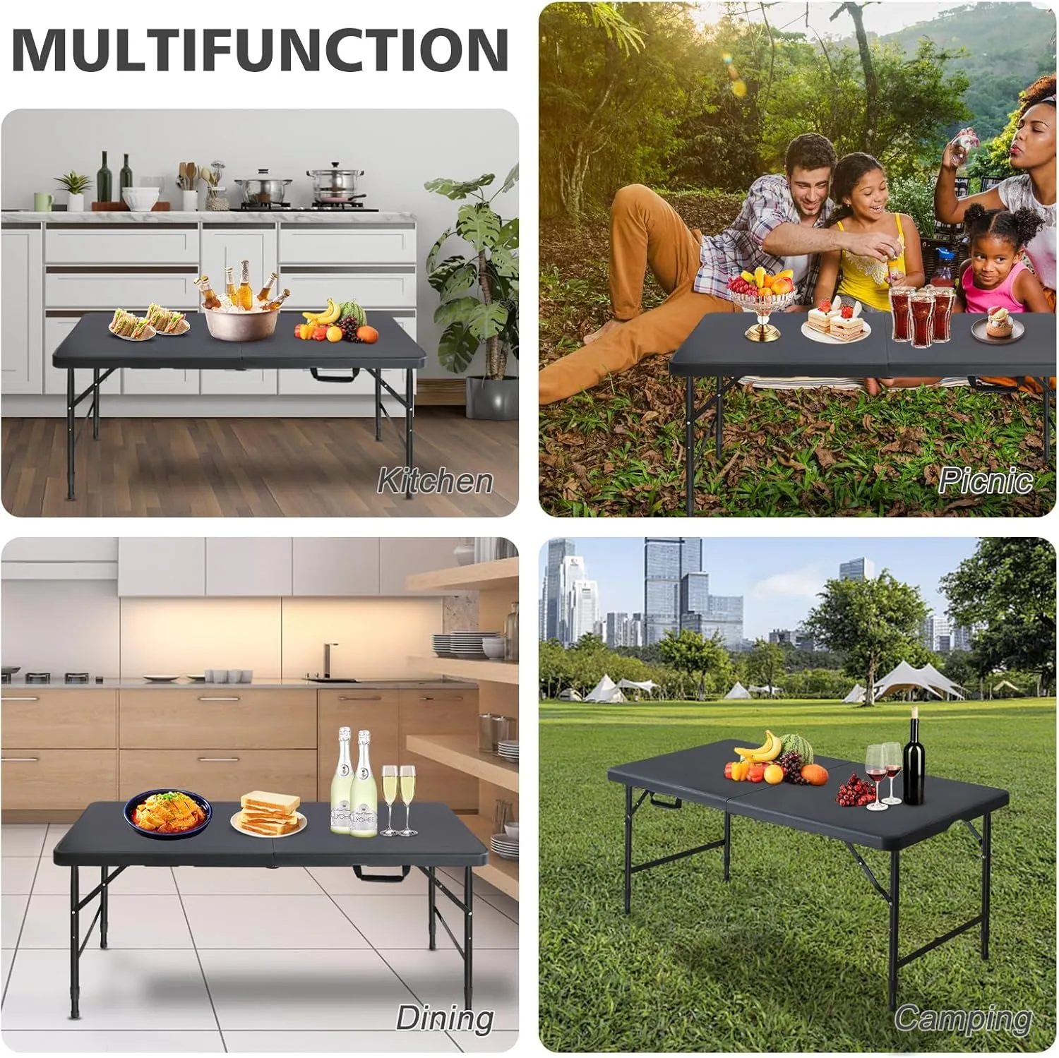 Portable 4Ft Folding Table, Heavy Duty Plastic Fold-in-Half Utility Foldable Table Small, Adjustable Height Plastic Folding Table with Carrying Handle for Camping & Party Indoor/Outdoor(Black)