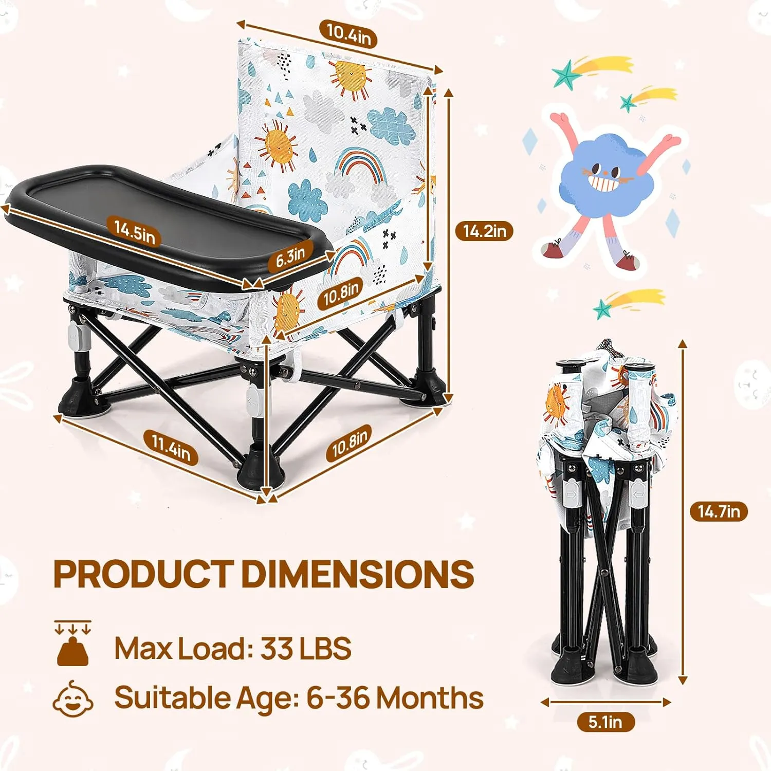 Portable Baby Chair Baby Booster Seat, Toddler Camping Chair(Sun)