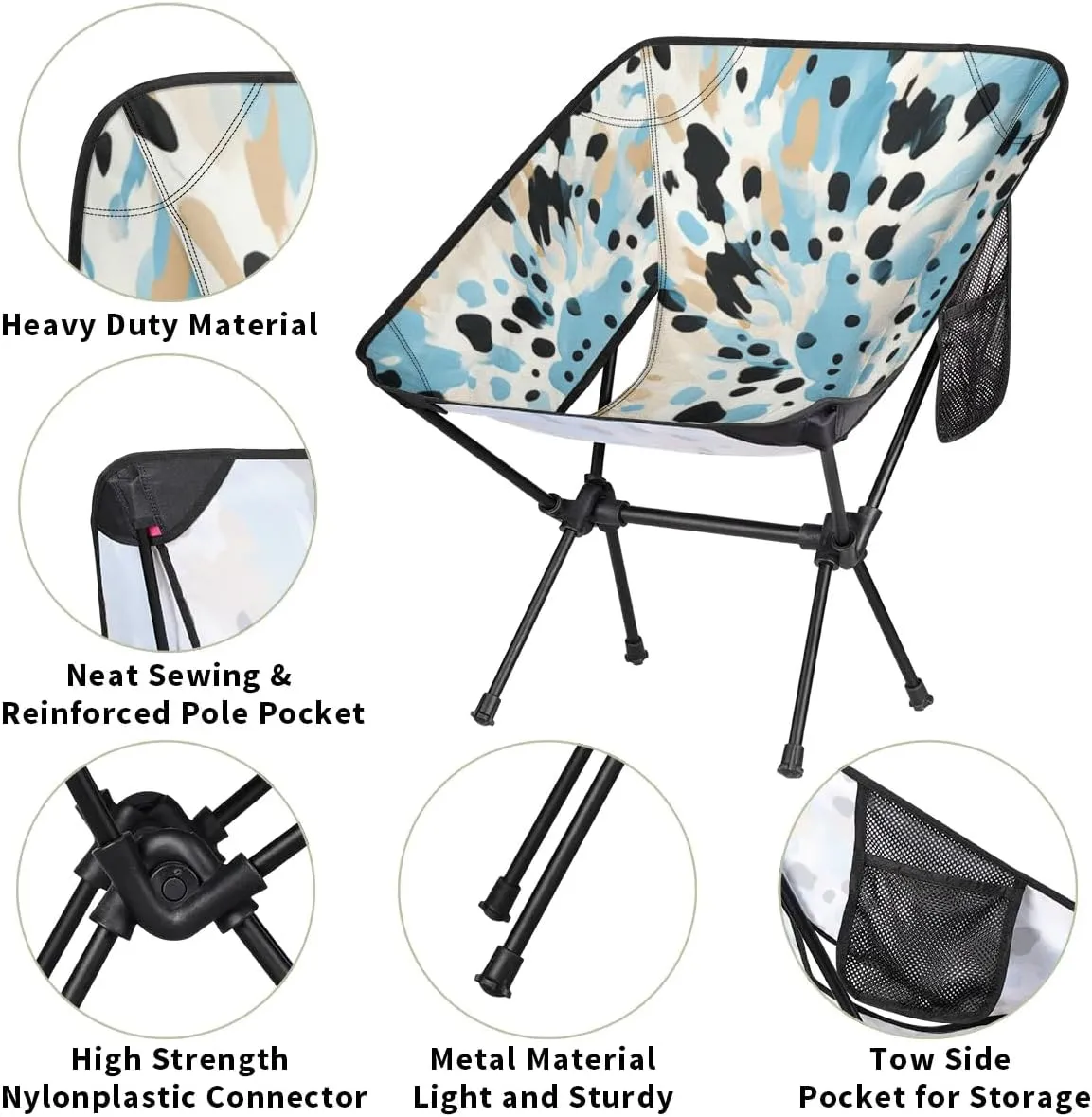 Portable Camping Chair Blue Black Print Ultralight Folding Camping Chair Backpacking Hiking Chair with Cup Holder for Outdoor Travel Beach Picnic Festival, Compact Portable 176 lbs Capacity