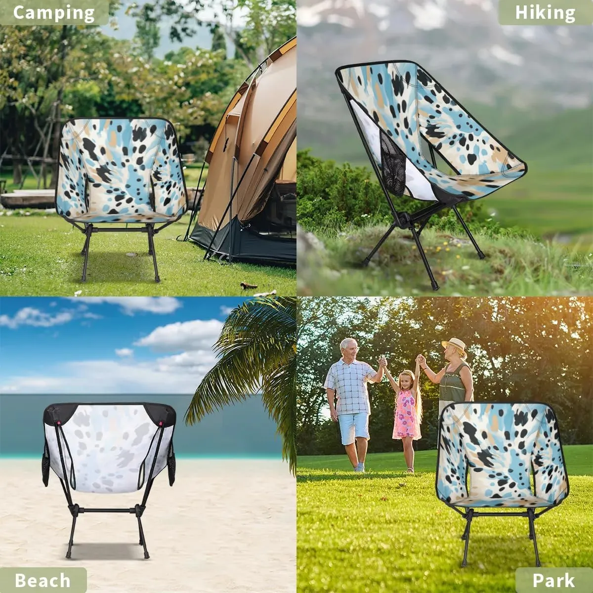 Portable Camping Chair Blue Black Print Ultralight Folding Camping Chair Backpacking Hiking Chair with Cup Holder for Outdoor Travel Beach Picnic Festival, Compact Portable 176 lbs Capacity