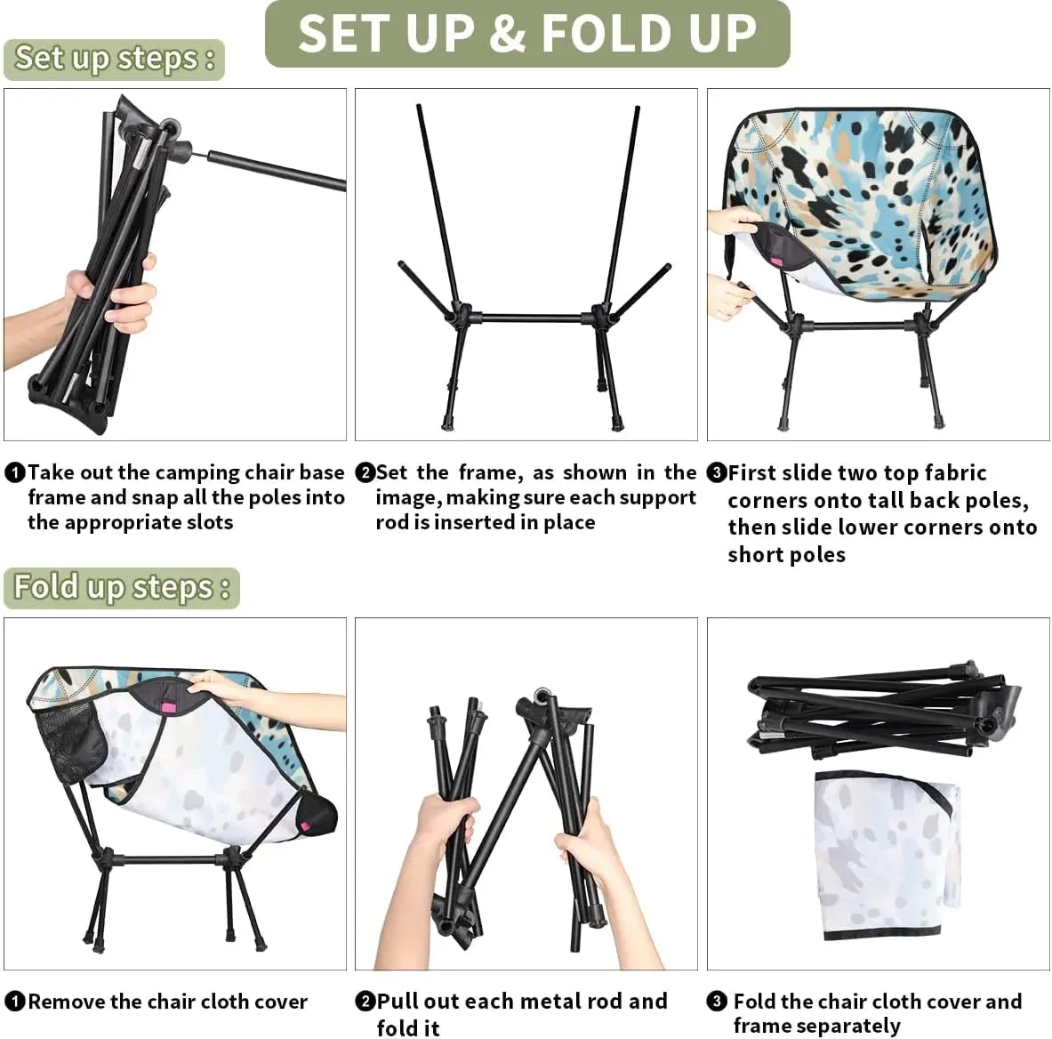 Portable Camping Chair Blue Black Print Ultralight Folding Camping Chair Backpacking Hiking Chair with Cup Holder for Outdoor Travel Beach Picnic Festival, Compact Portable 176 lbs Capacity