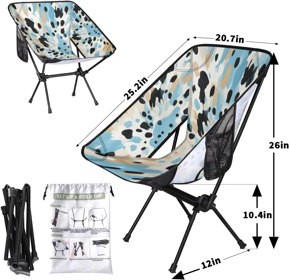 Portable Camping Chair Blue Black Print Ultralight Folding Camping Chair Backpacking Hiking Chair with Cup Holder for Outdoor Travel Beach Picnic Festival, Compact Portable 176 lbs Capacity