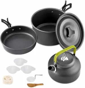 Portable Camping Cookware Set – Outdoor Kettle, Pot, Pan, and Bowl for Hiking, BBQ, Picnic, Non-Stick Frying Pan, Compact & Space-Saving Cooking Kit for 2-3 People