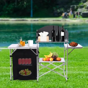 Portable Camping Kitchen Table with Storage and Windshield - Lightweight Foldable Outdoor Cooking Station with 2 Tables, Oxford Fabric, Aluminum Alloy Frames - Ideal for BBQ, Picnic, Tailgating