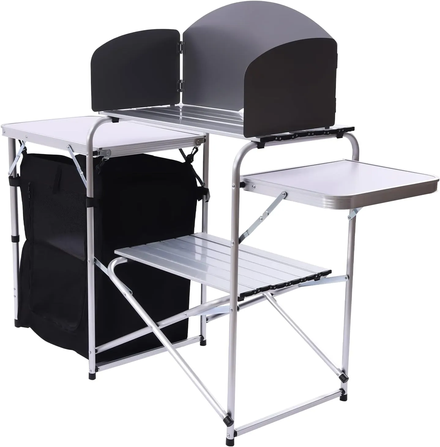 Portable Camping Kitchen Table with Storage and Windshield - Lightweight Foldable Outdoor Cooking Station with 2 Tables, Oxford Fabric, Aluminum Alloy Frames - Ideal for BBQ, Picnic, Tailgating