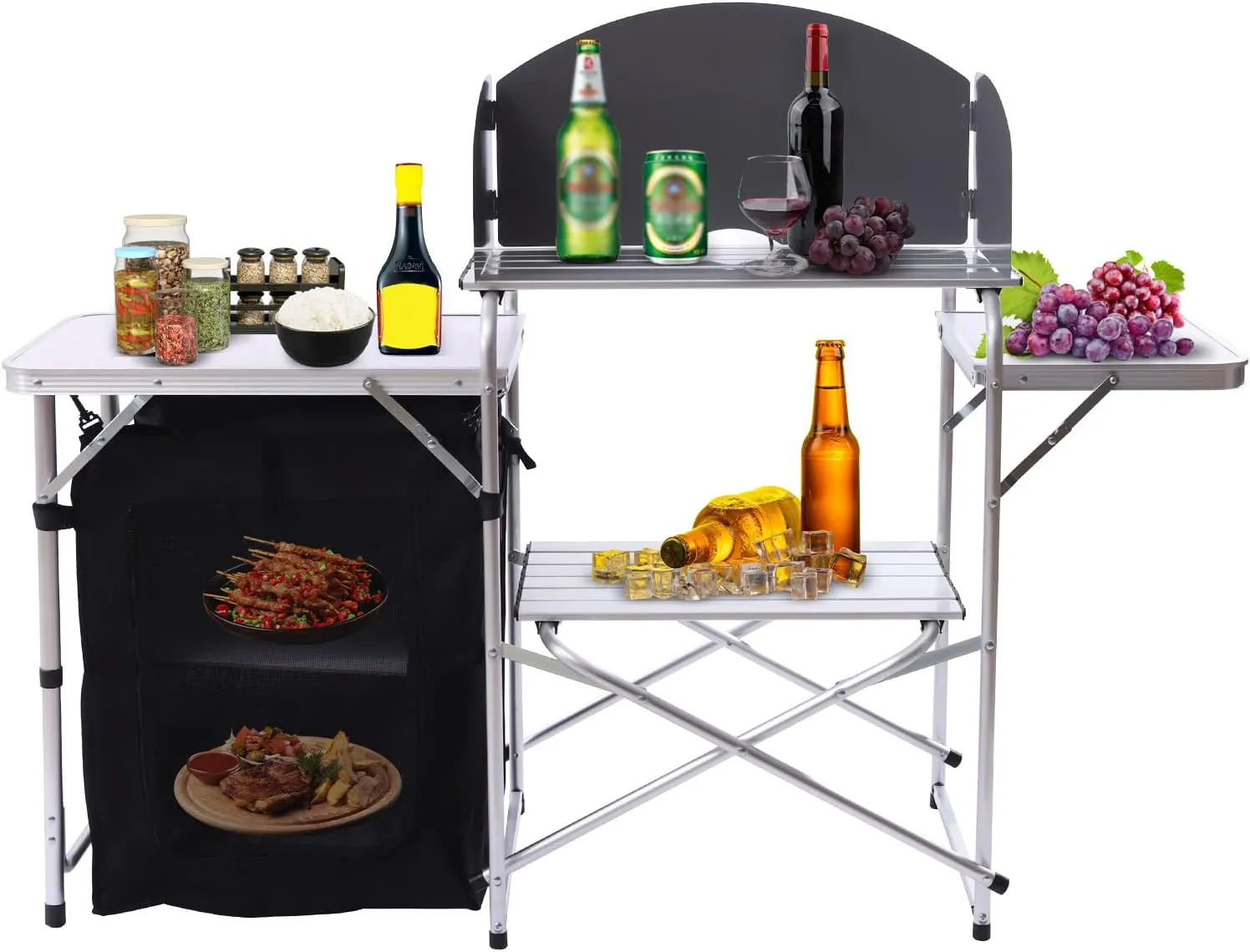 Portable Camping Kitchen Table with Storage and Windshield - Lightweight Foldable Outdoor Cooking Station with 2 Tables, Oxford Fabric, Aluminum Alloy Frames - Ideal for BBQ, Picnic, Tailgating