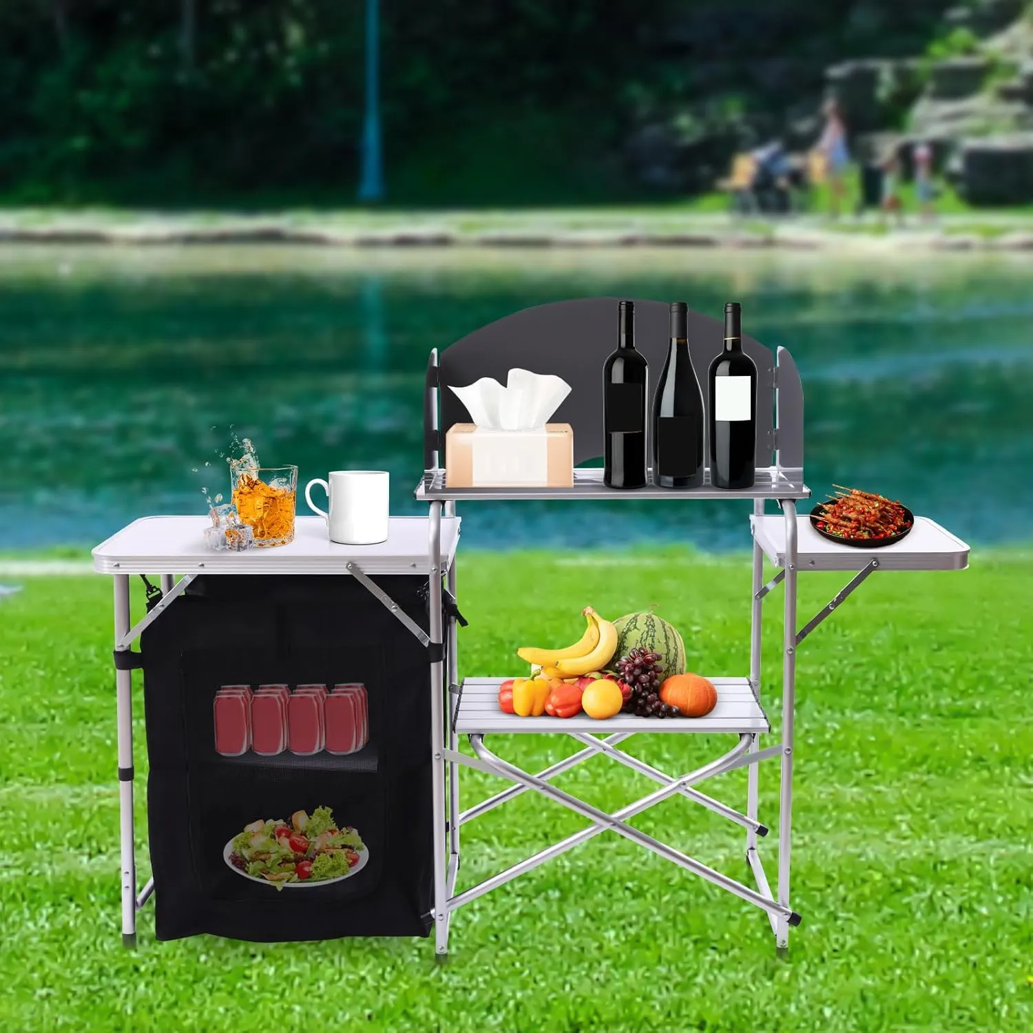 Portable Camping Kitchen Table with Storage and Windshield - Lightweight Foldable Outdoor Cooking Station with 2 Tables, Oxford Fabric, Aluminum Alloy Frames - Ideal for BBQ, Picnic, Tailgating