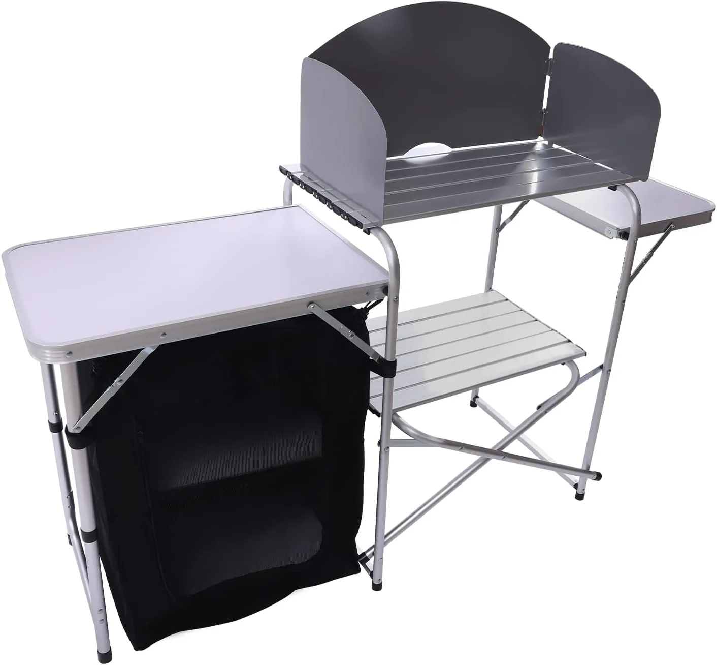 Portable Camping Kitchen Table with Storage and Windshield - Lightweight Foldable Outdoor Cooking Station with 2 Tables, Oxford Fabric, Aluminum Alloy Frames - Ideal for BBQ, Picnic, Tailgating
