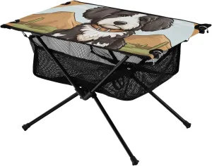 Portable Camping Table Cute Dog in Front of Mountains Outdoor Foldable Camp Tables for Outside, Camping, Hiking, Tailgating