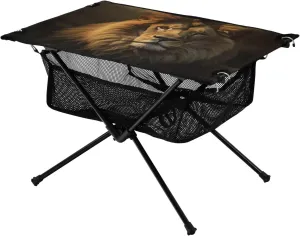 Portable Camping Table Foldable with Mesh Storage Lightweight Compact Camp Tent Side Table for Outside,Camping,Hiking,Tailgating,Lion