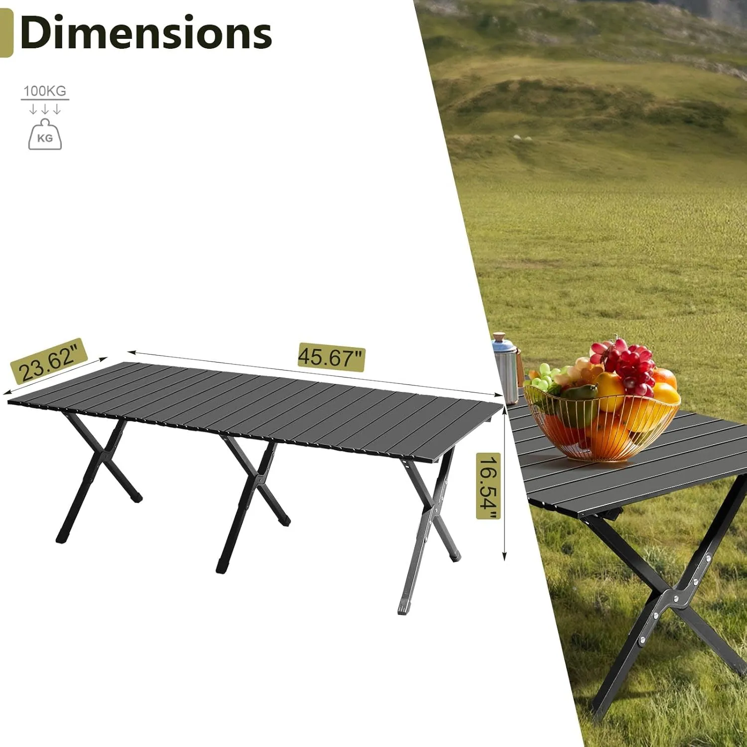 Portable Folding Camping Side Table, 45.67"L x 23.62"W x 16.54"H Lightweight Carbon Steel Tabletop, Supports 220 LBS, Easy to Assemble and Carry, Perfect for Camping, Picnics, and Outdoor Activities