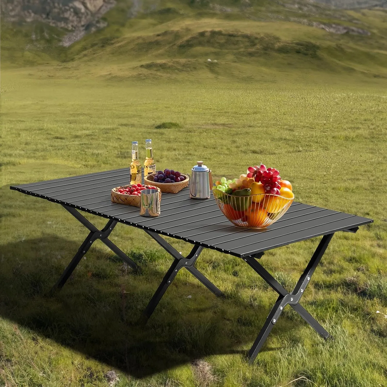 Portable Folding Camping Side Table, 45.67"L x 23.62"W x 16.54"H Lightweight Carbon Steel Tabletop, Supports 220 LBS, Easy to Assemble and Carry, Perfect for Camping, Picnics, and Outdoor Activities