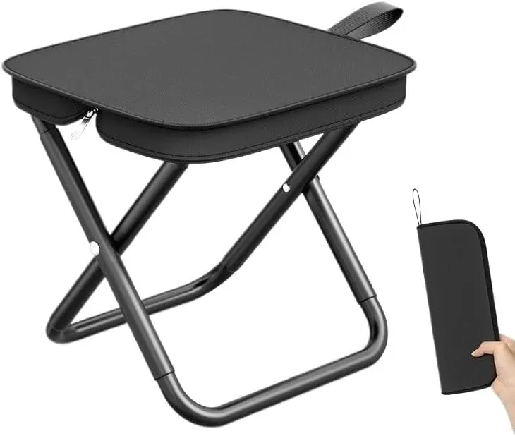 Portable Folding Camping Stool – Compact Outdoor Tripod Chair for Travel, Fishing, Hiking, Subway & Queuing – Carbon Steel Frame, Oxford Fabric, 26×23×25cm, Black or Khaki(Black)